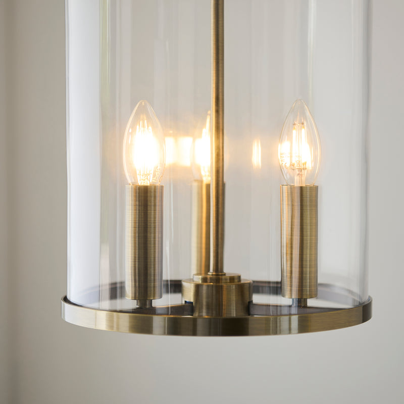 Close-up of the clear glass on the Hebden 3 Light Pendant