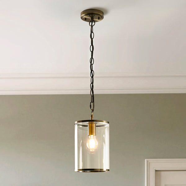 Hebden Pendant lit up in a styled hallway