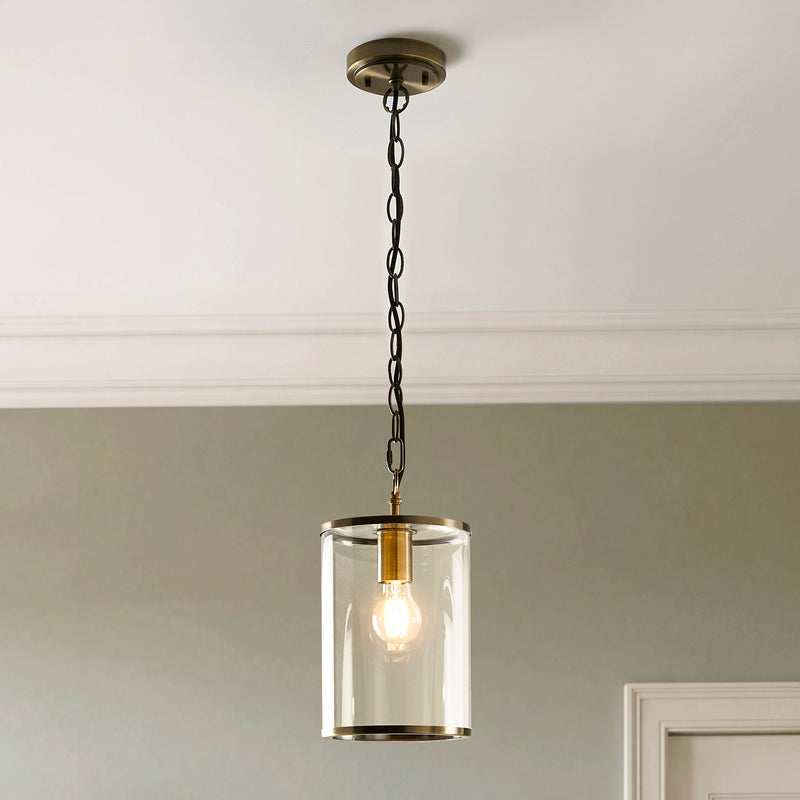 Hebden Pendant lit up in a styled hallway