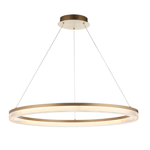Endon Lansina LED Hoop Pendant in brushed gold with opal ribbed acrylic