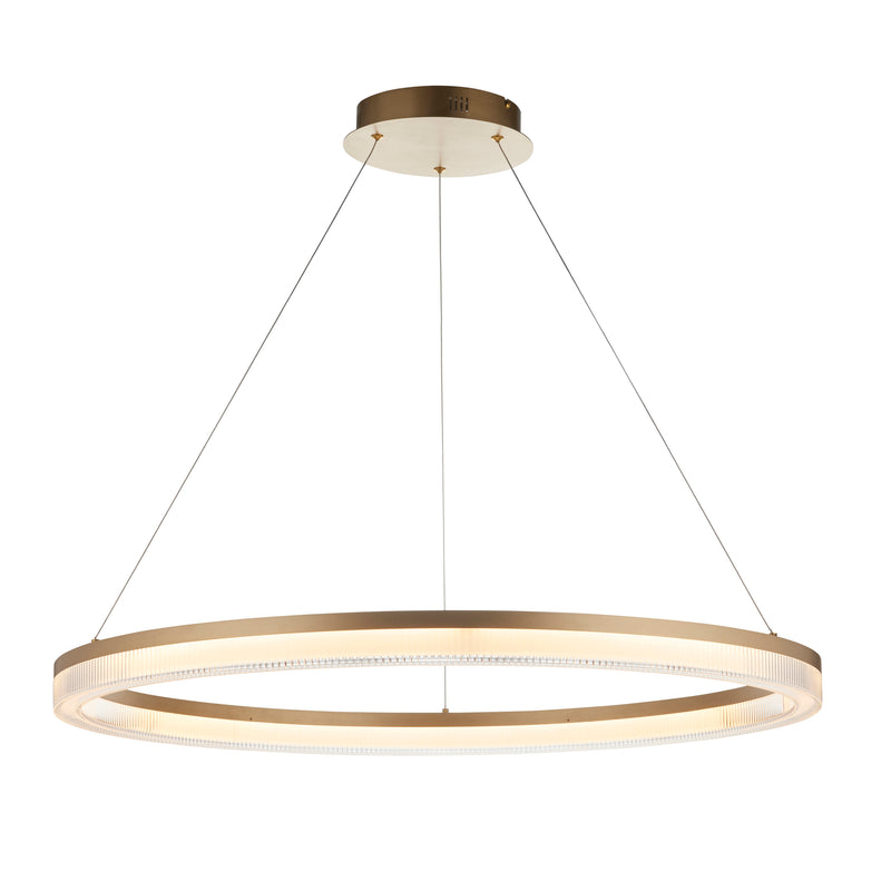 Endon Lansina LED Hoop Pendant in brushed gold with opal ribbed acrylic