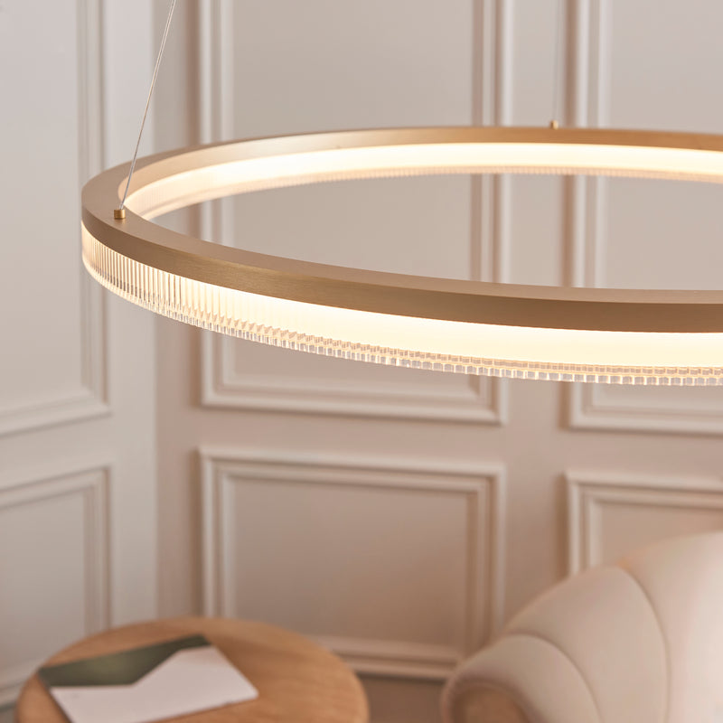 Detail of the brushed gold finish on the Lansina LED Hoop Pendant