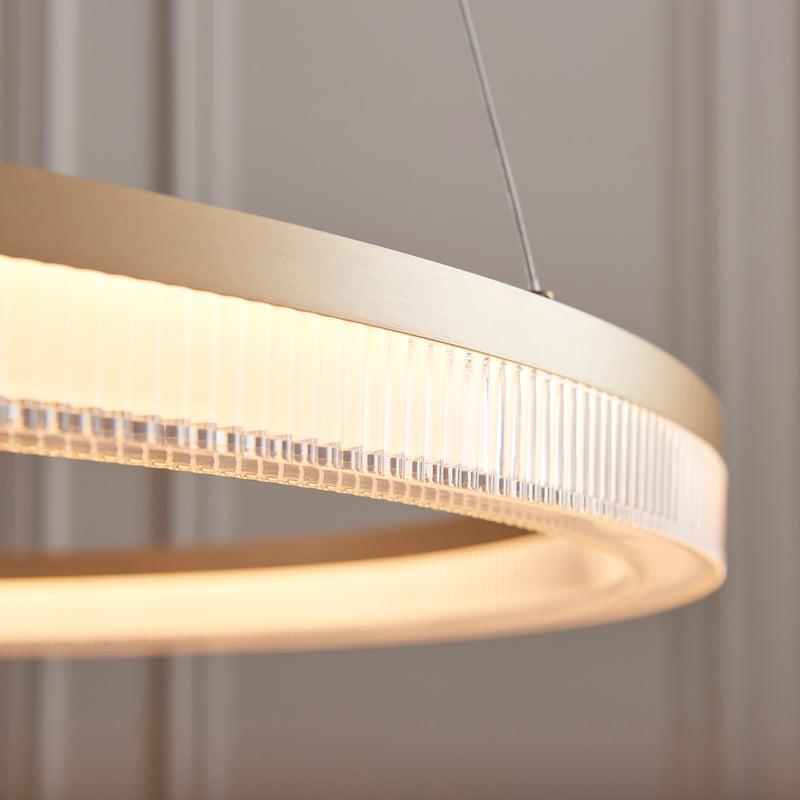 Lansina LED Hoop Pendant detail showing the opal ribbed acrylic and fittings