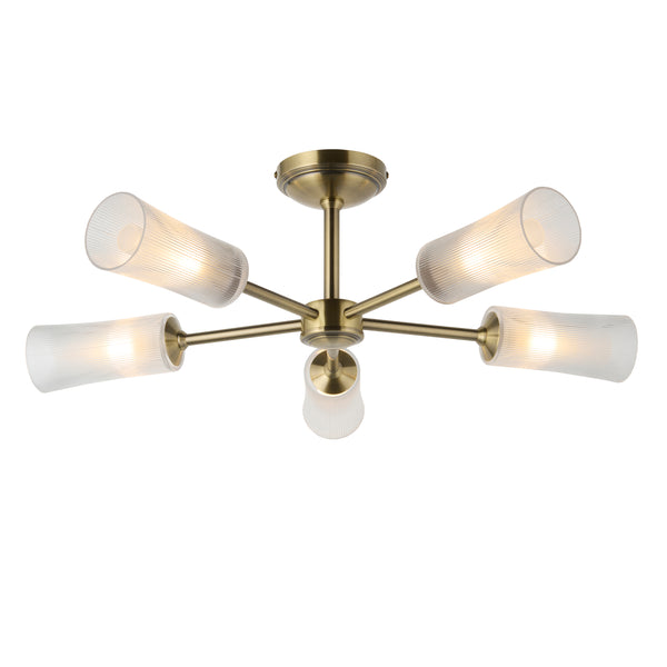 Endon Avelyn 5 Light Semi Flush Ceiling Light in antique brass with clear ribbed glass