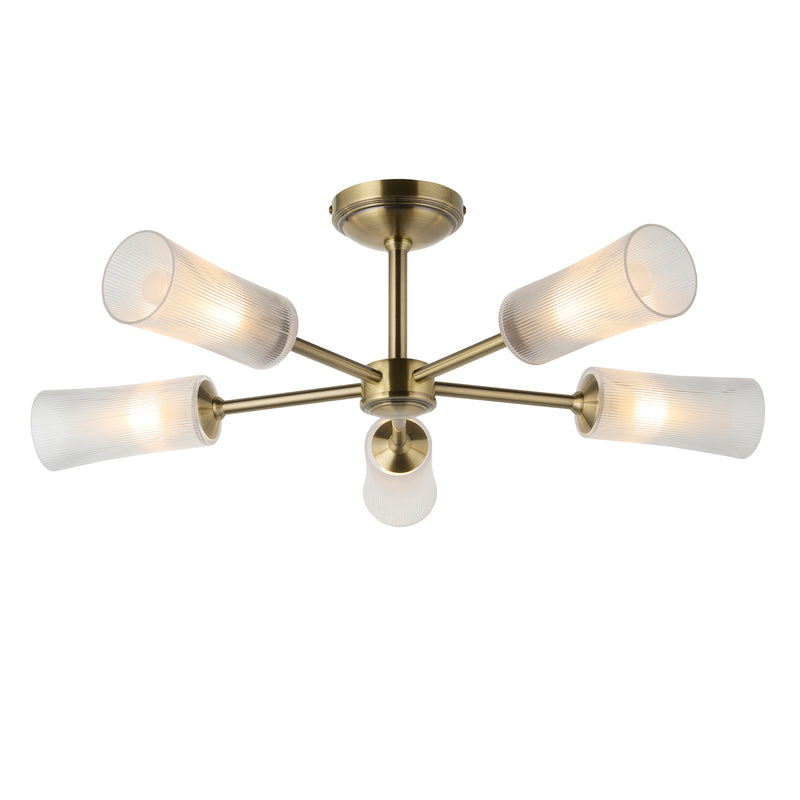 Endon Avelyn 5 Light Semi Flush Ceiling Light in antique brass with clear ribbed glass