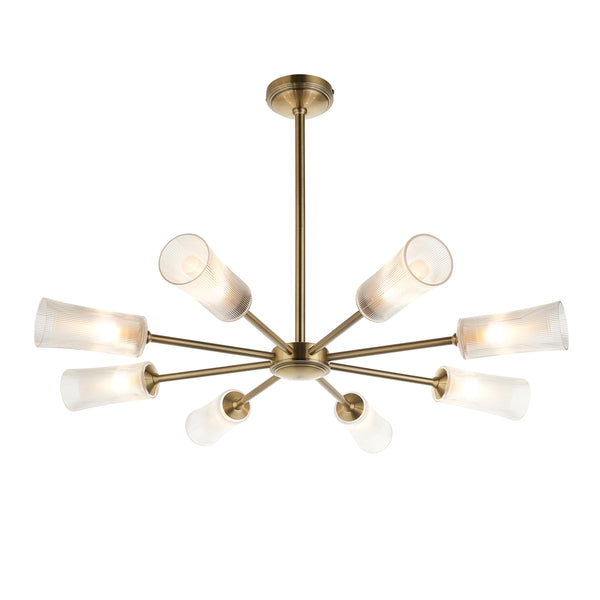 Endon Avelyn 8 Light Chandelier in antique brass with clear ribbed glass