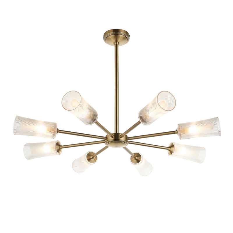 Endon Avelyn 8 Light Chandelier in antique brass with clear ribbed glass