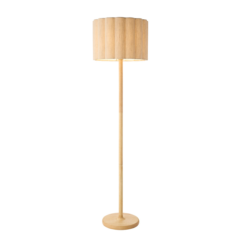 Endon Olson Floor Lamp in oak and natural fabric on a white background