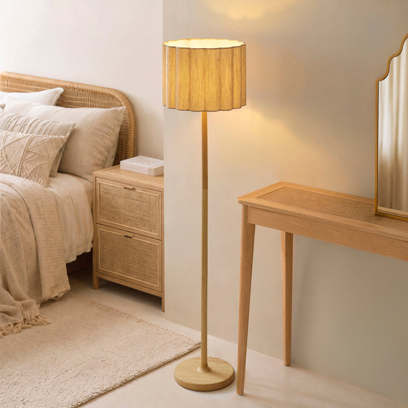 Endon Olson Floor Lamp in oak and natural fabric in a styled bedroom
