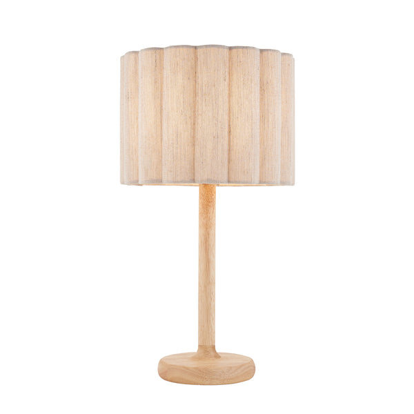Endon Olson Table Lamp in oak and natural fabric on a white background