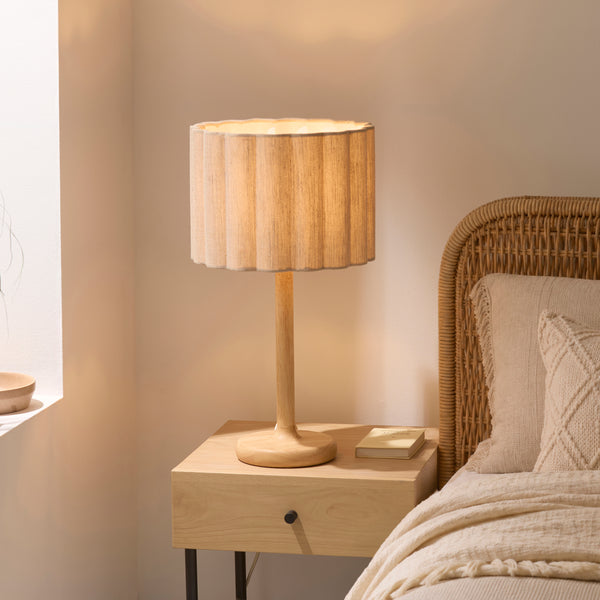 Endon Olson Table Lamp in oak and natural fabric in a styled bedroom
