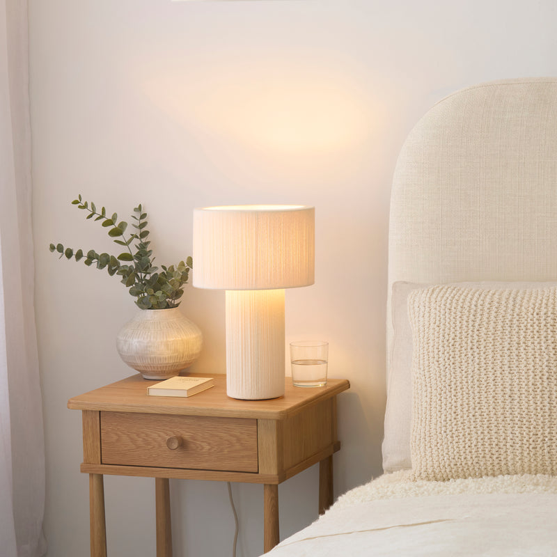 Endon Noah Table Lamp in cream cotton in a styled bedroom
