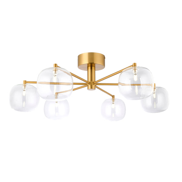 Endon Oslo 6 Light Semi Flush Ceiling Light in brushed aged brass with clear glass