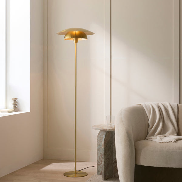 Endon Lyon Floor Lamp in satin brass in a styled living room