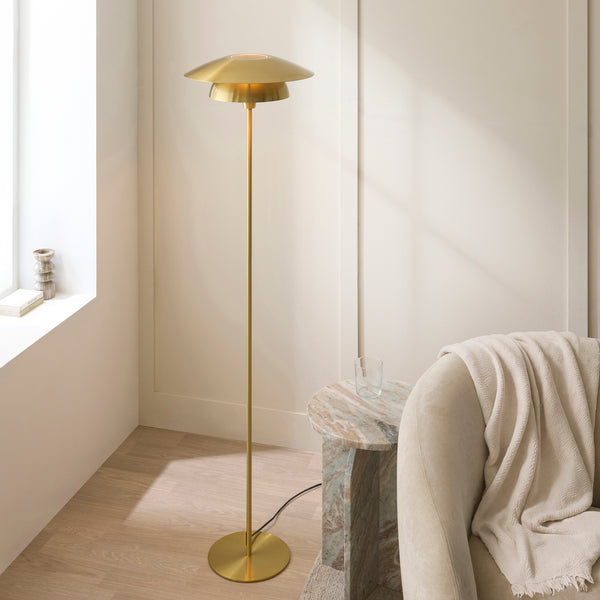 Lyon Floor Lamp lit up in a living room setting