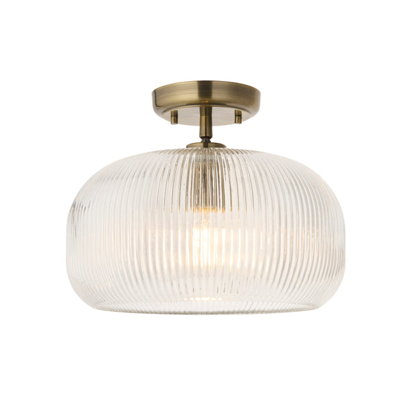 Endon Harborne Flush Ceiling Light in antique brass with clear ribbed glass