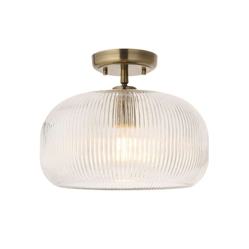 Endon Harborne Flush Ceiling Light in antique brass with clear ribbed glass