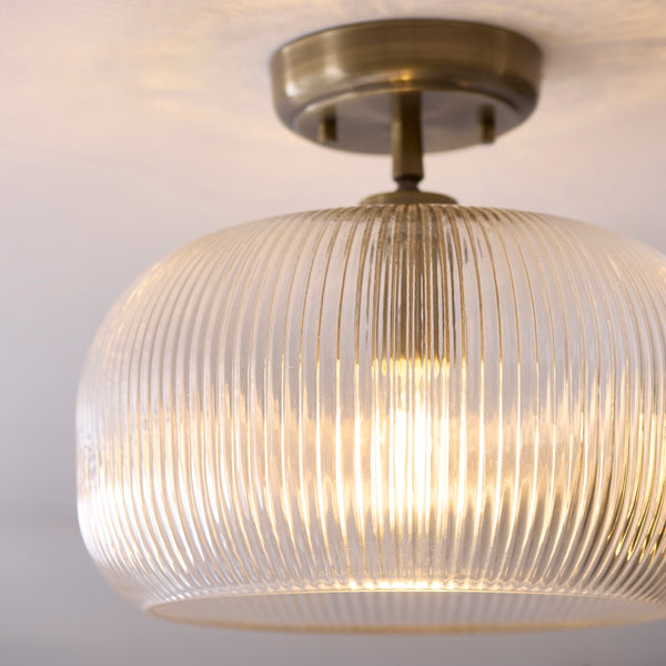 Close-up of the clear ribbed glass on the Harborne Flush Ceiling Light