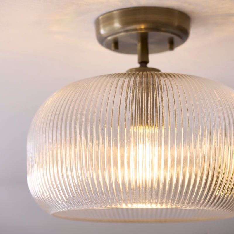 Close-up of the clear ribbed glass on the Harborne Flush Ceiling Light