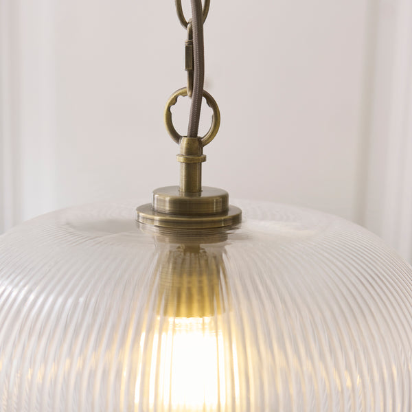 Close-up of the clear ribbed glass on the Harborne Pendant