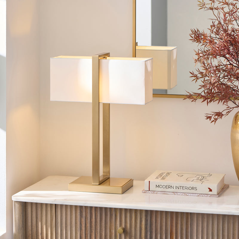 Endon Seattle Table Lamp in brushed aged brass in a styled living room