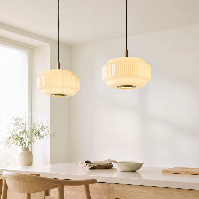 Evora Large Pendant detail showing the opal ribbed glass and fittings