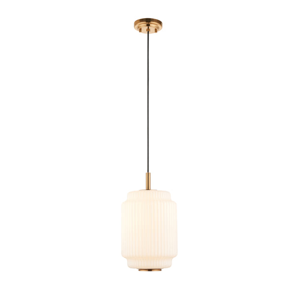 Endon Evora Small Pendant in brushed aged brass with opal ribbed glass