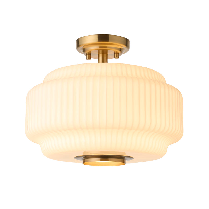 Endon Evora Flush Ceiling Light in brushed aged brass with opal ribbed glass