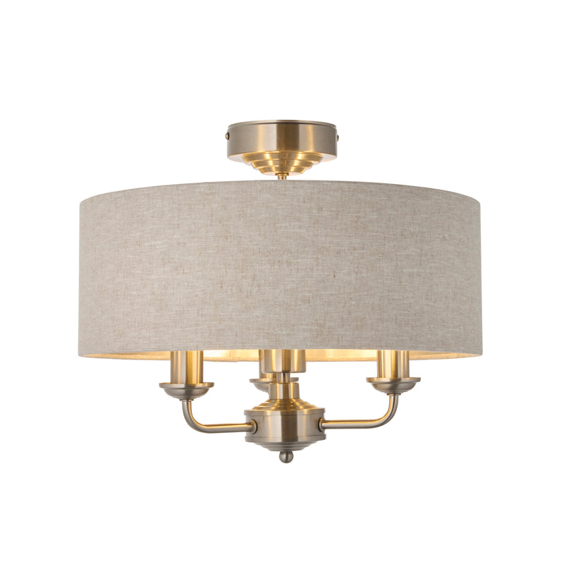 Endon Highclere 3 Light Flush Ceiling Light in brushed chrome with natural fabric