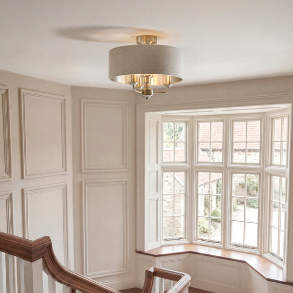 Highclere 3 Light Flush Ceiling Light in brushed chrome on a bedroom ceiling