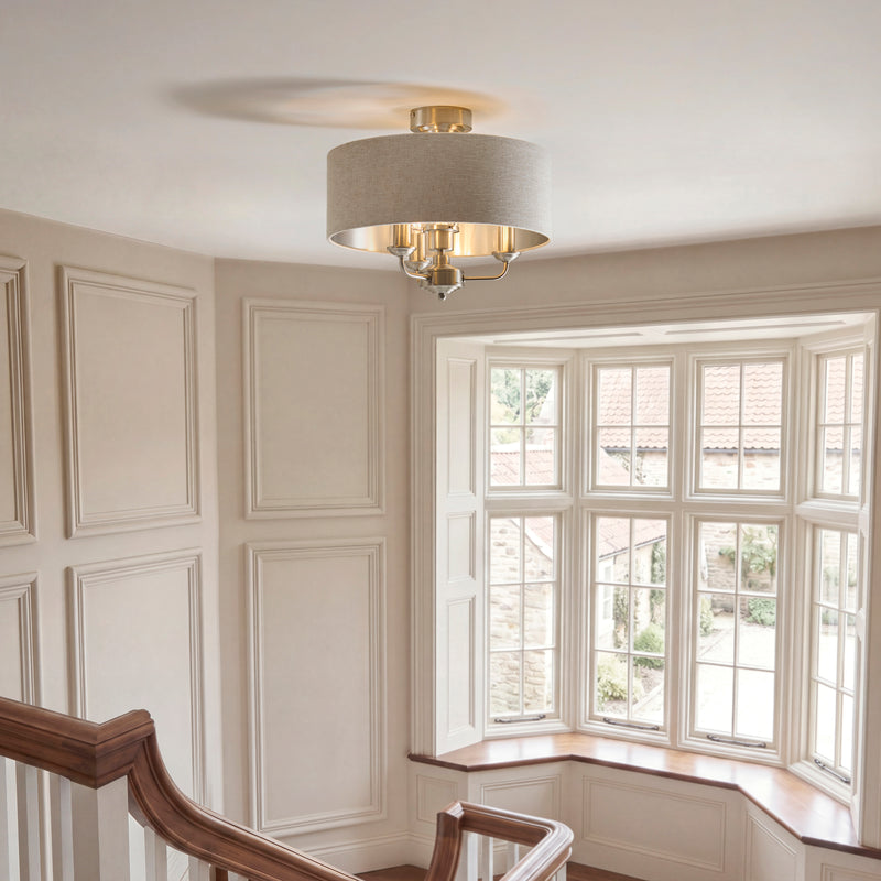 Highclere 3 Light Flush Ceiling Light in brushed chrome on a bedroom ceiling