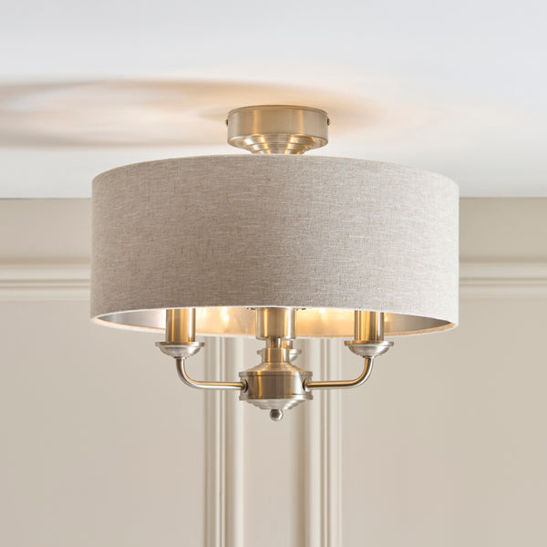 Highclere 3 Light Flush Ceiling Light in brushed chrome shown in a room setting