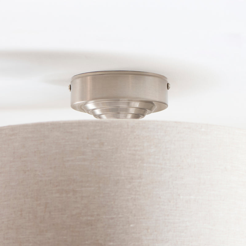 Highclere 3 Light Flush Ceiling Light detail showing the natural fabric and fittings