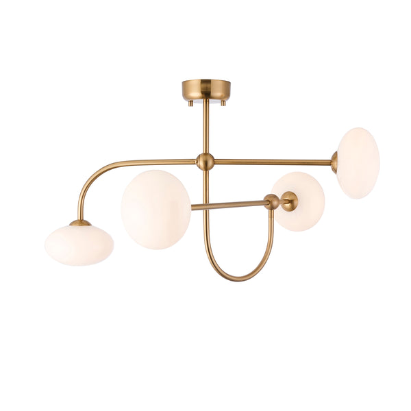 Endon Ottowa 4 Light Semi Flush Ceiling Light in brushed aged brass with opal glass