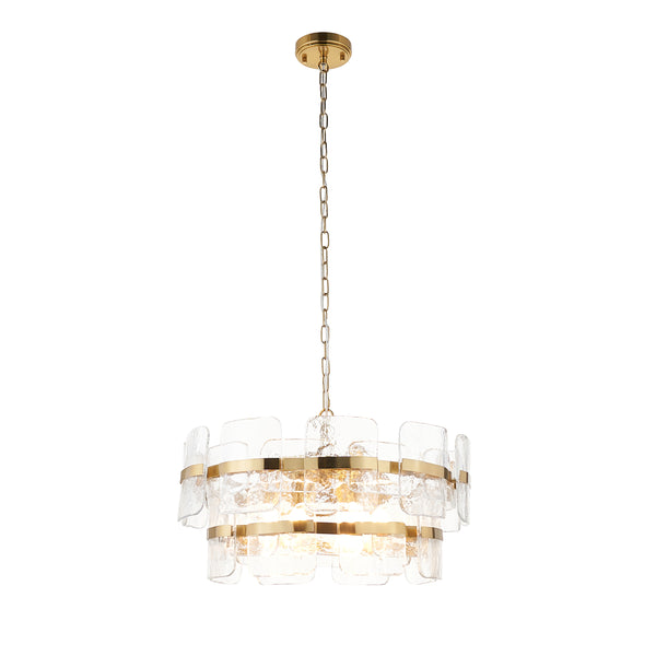 Endon Ancara 6 Light Clear Glass Pendant in brushed aged brass with clear handmade textured glass