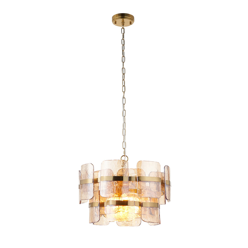 Endon Ancara 3 Light Pendant in brushed aged brass with champagne handmade textured glass