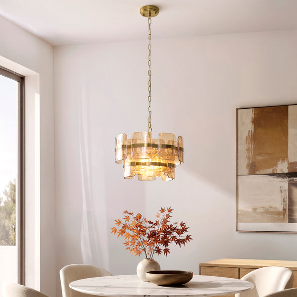 Ancara 3 Light Pendant in brushed aged brass hanging in a hallway