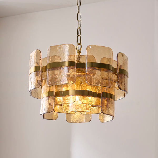 Ancara 3 Light Pendant in brushed aged brass shown in a room setting