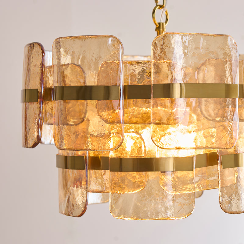 Close-up of the champagne handmade textured glass on the Ancara 3 Light Pendant