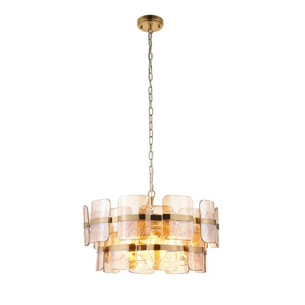 Endon Ancara 6 Light Pendant in brushed aged brass with champagne handmade textured glass