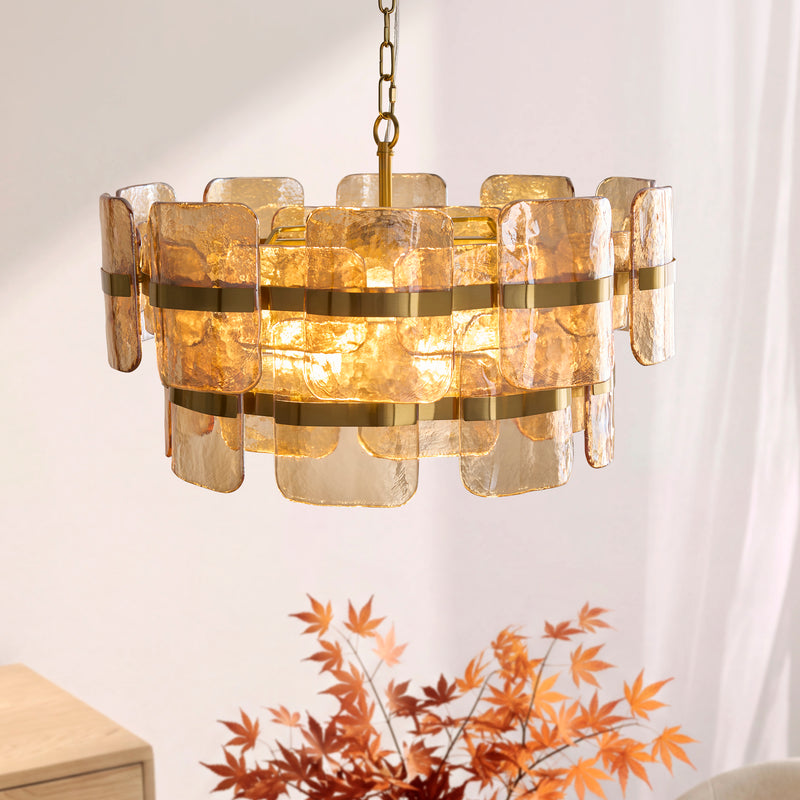 Ancara 6 Light Pendant lit up in a styled dining room