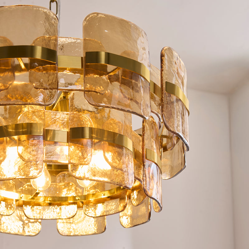 Close-up of the champagne handmade textured glass on the Ancara 6 Light Pendant