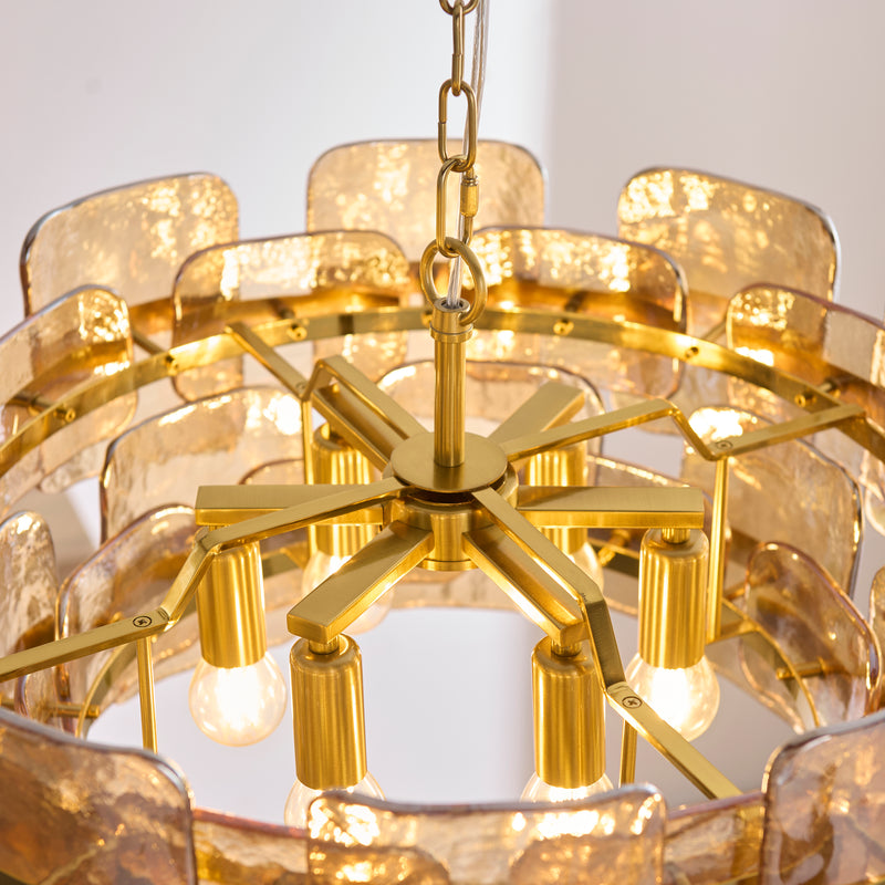 Detail of the brushed aged brass finish on the Ancara 6 Light Pendant