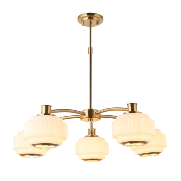 Endon Evora 5 Light Pendant in brushed aged brass with opal ribbed glass