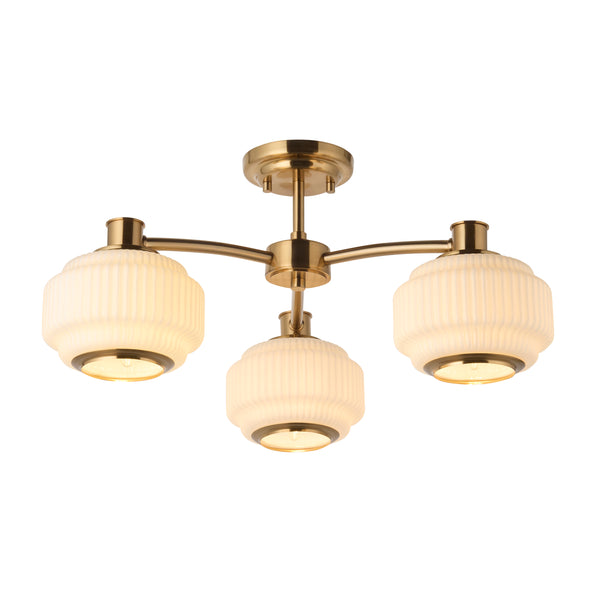 Endon Evora 3 Light Semi Flush Ceiling Light in brushed aged brass with opal ribbed glass