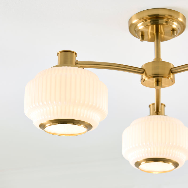 Close-up of the opal ribbed glass on the Evora 3 Light Semi Flush Ceiling Light