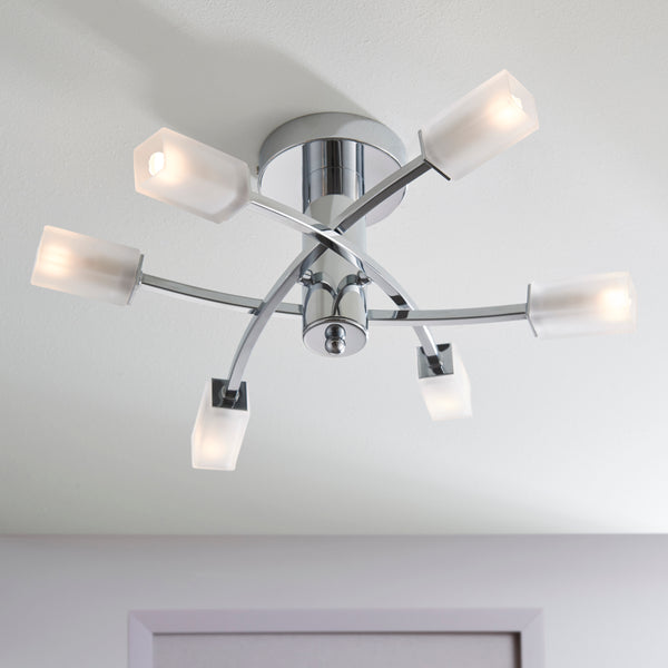Havana 6 Light Semi Flush Ceiling Light in chrome on a living room ceiling