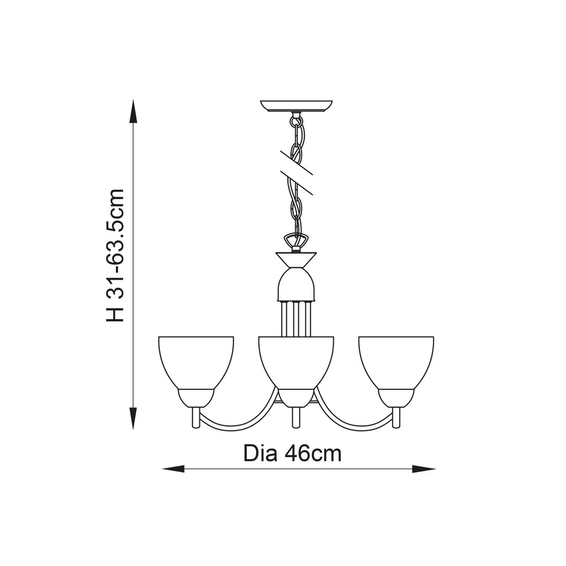 Alton 3 Light Pendant dimension drawing showing width and drop