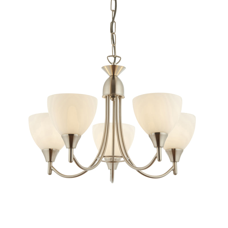 Endon Alton 5 Light Pendant in satin chrome with opal glass