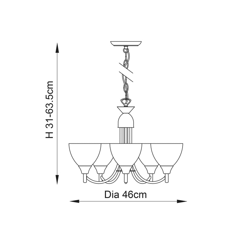 Alton 5 Light Pendant dimension drawing showing width and drop